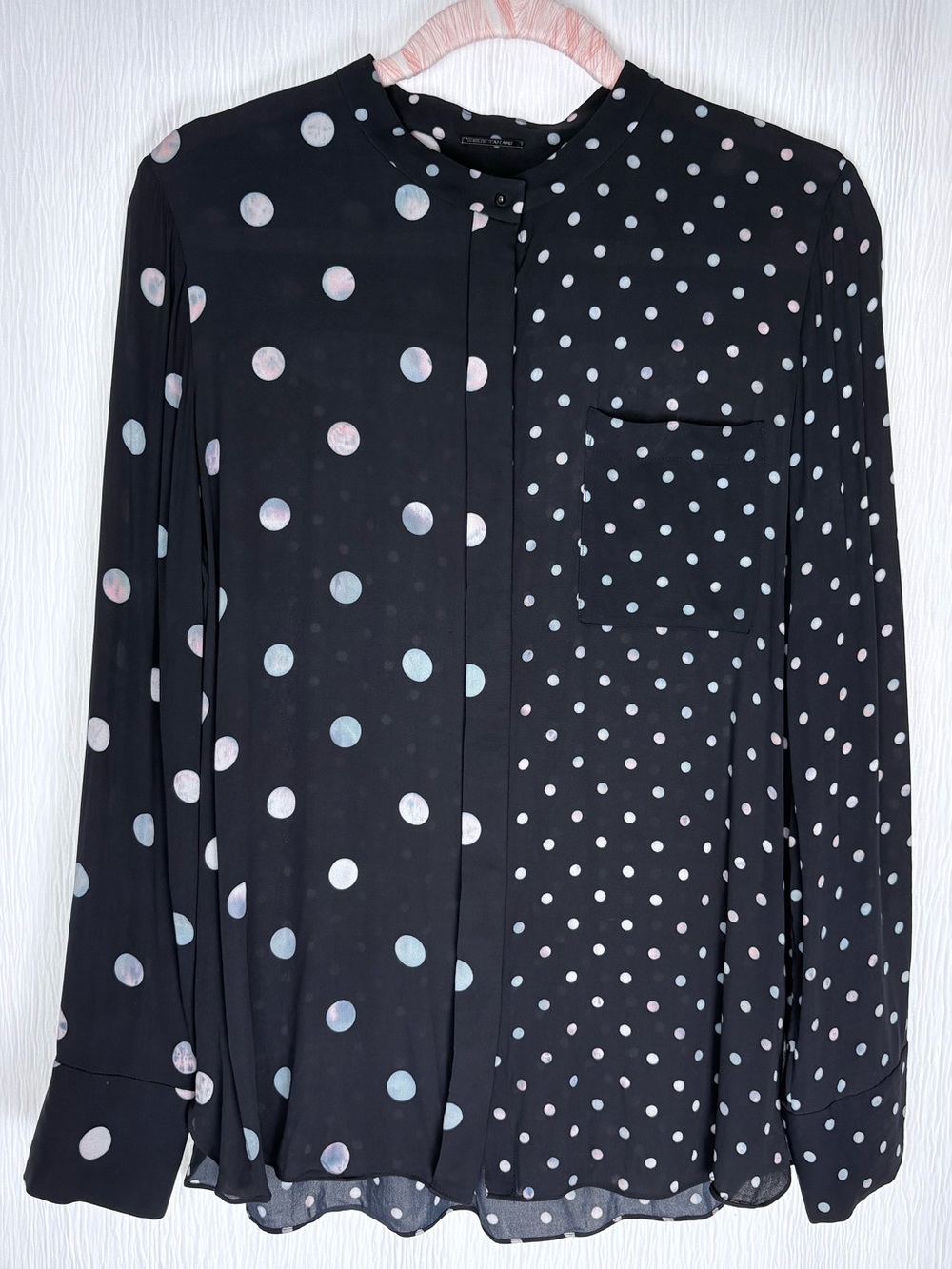 Elie Tahari Black Polka Dot Button-Front Blouse, Size Large